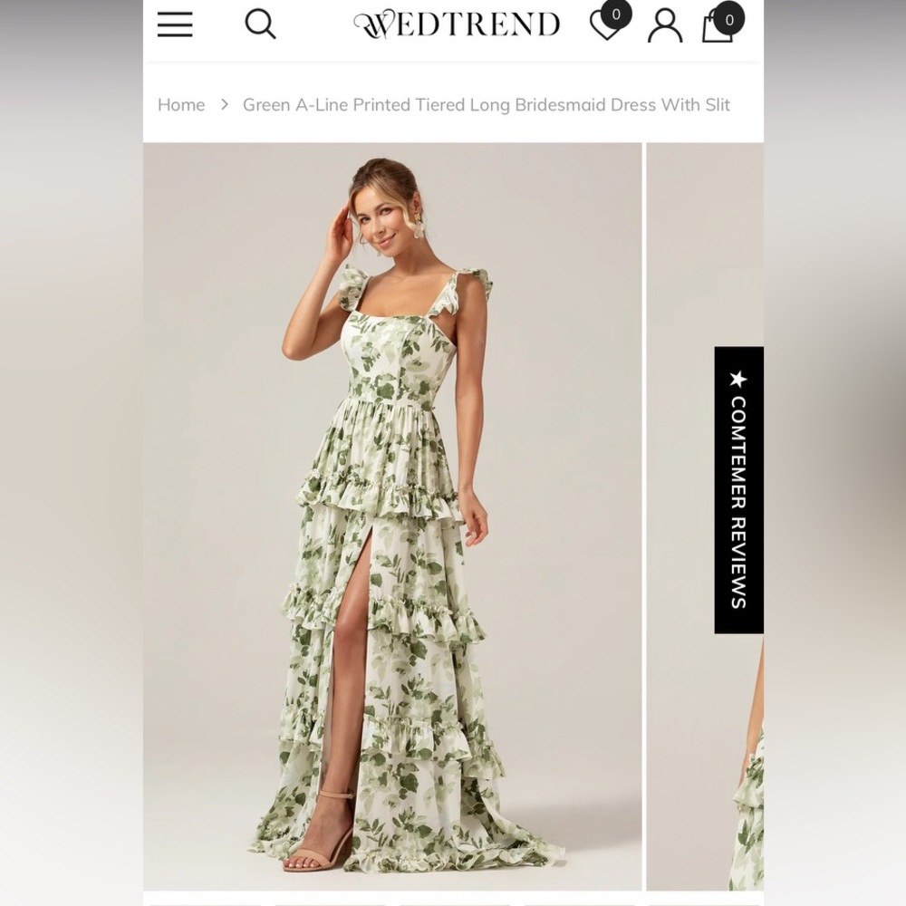 Wedtrend- Green A-Lined Printed Tiered Long Bridesmaid Dress with Slit- US6: NWT